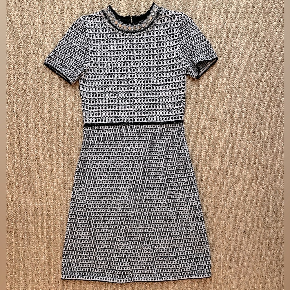 TORY BURCH. Fitted Tweed Dress with beaded collar. Black, White & Silver. Small.